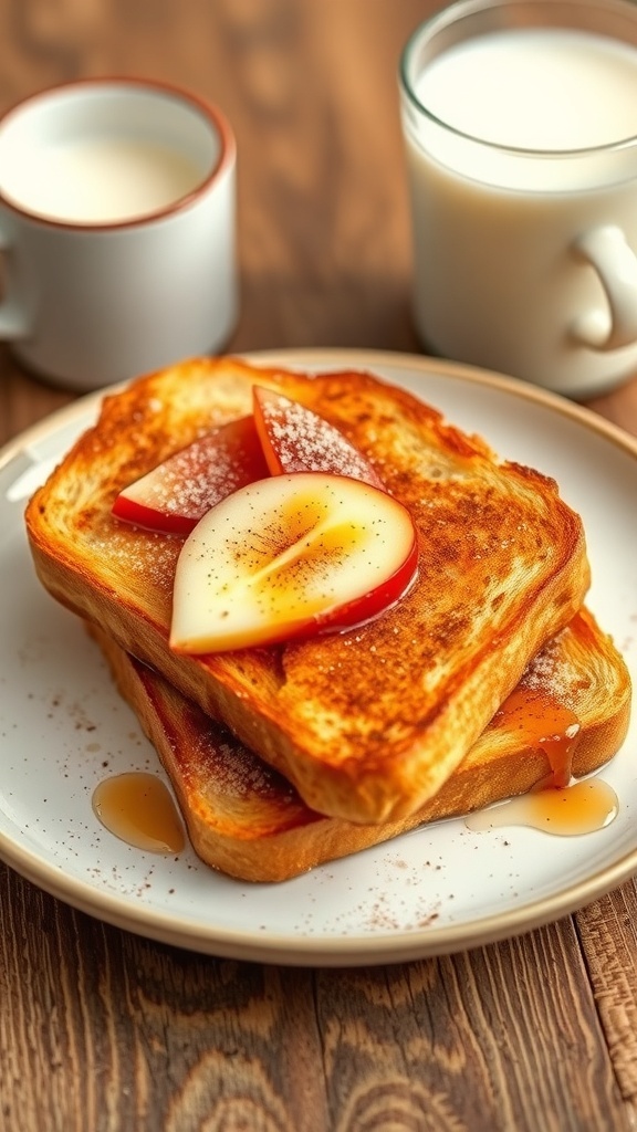 Milk toast with cinnamon and honey, topped with fresh fruit, on a rustic table.